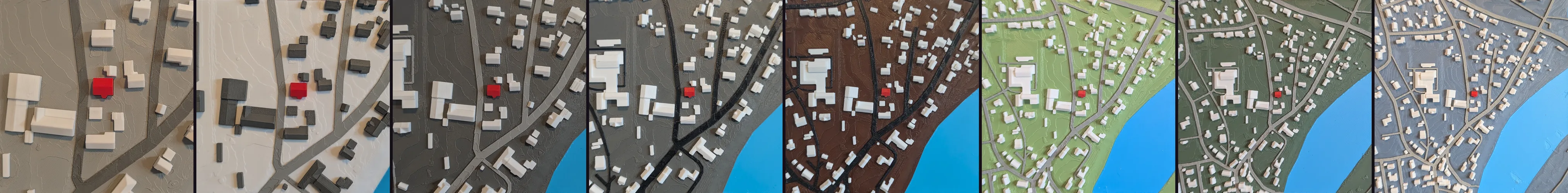 Acht echte 3D-Reliefs desselben Ortes nebeneinander: von links nach rechts wird der Ausschnitt größer und die Häuser kleiner, jedes in anderen Farben