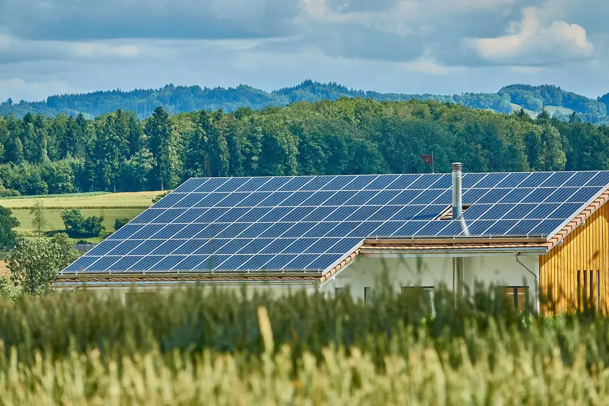 Hausdach mit Solarmodulen zwischen Feldern und Wald